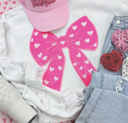 Pink heart bow sequin sweatshirt.